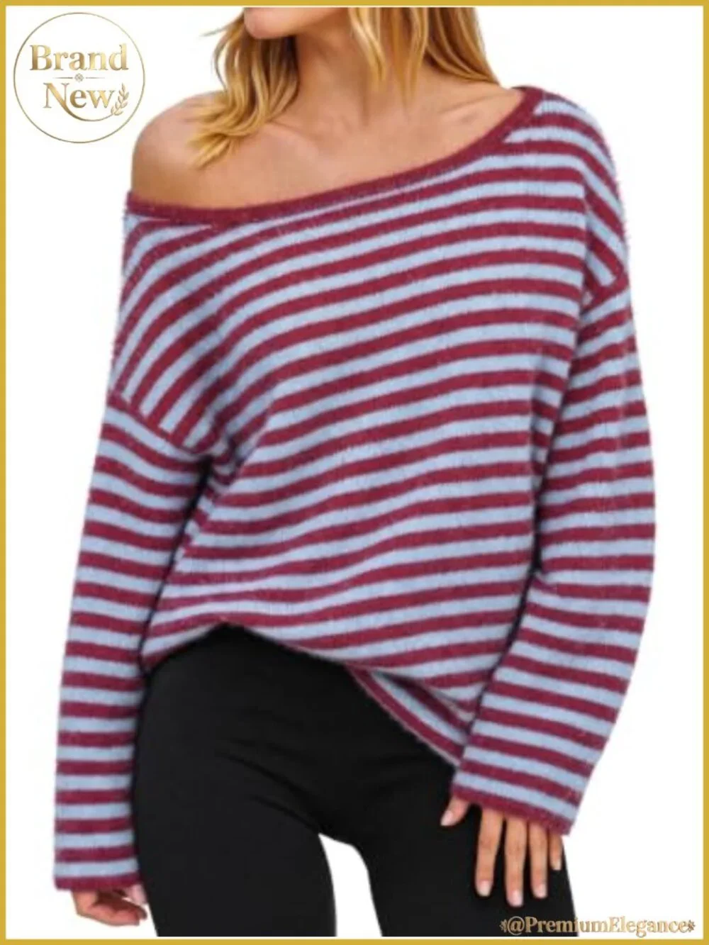 Off Shoulder Striped Knit Pullover Sweater for Women Casual Loose Fit Long